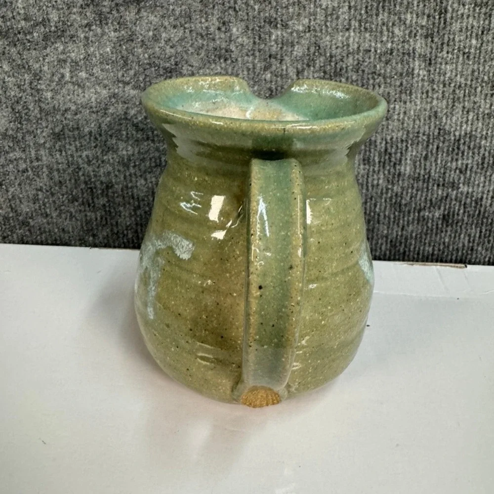 Scargo Pottery Cape Cod Green Glazed Pitcher Artisan Signed Abstract Figure 5.5